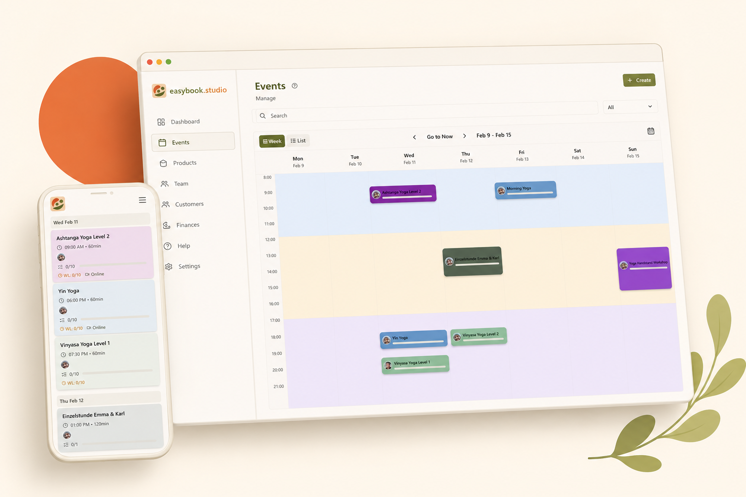 easybook.studio booking software — weekly class schedule on desktop and mobile